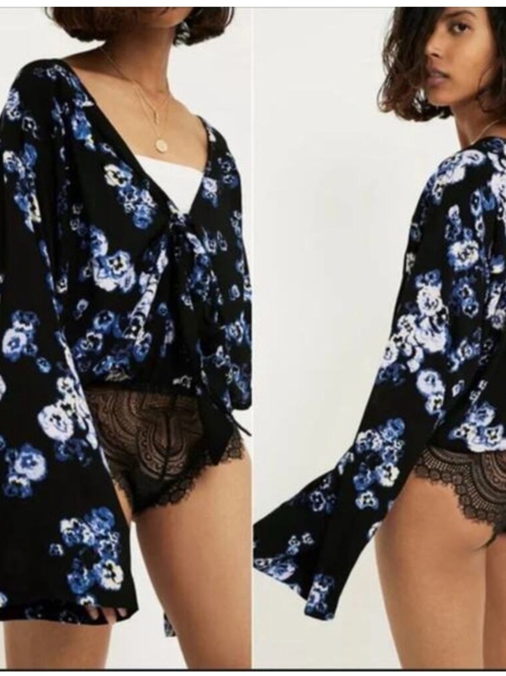 Free People Black Floral Tie-Front Top with Blue Accents